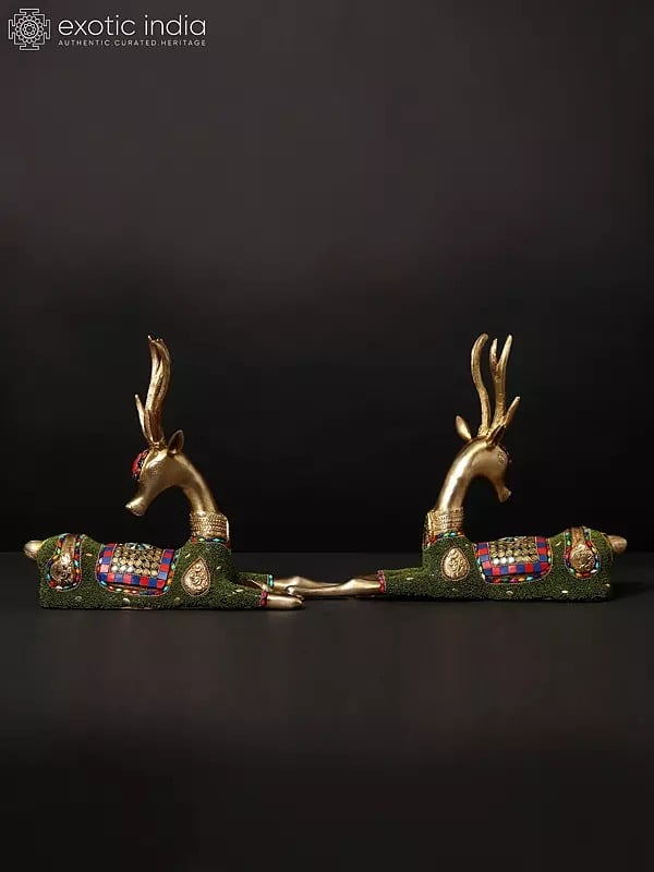 13" Pair of Cute Baby Deers | Brass Statues with Inlay Work