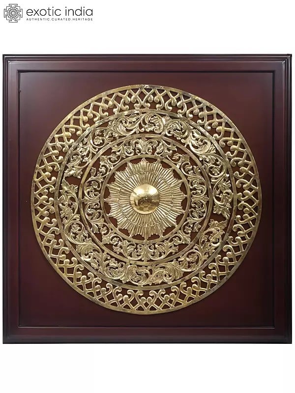 48" Large Wood Framed Mandala Art in Brass | Wall Hanging