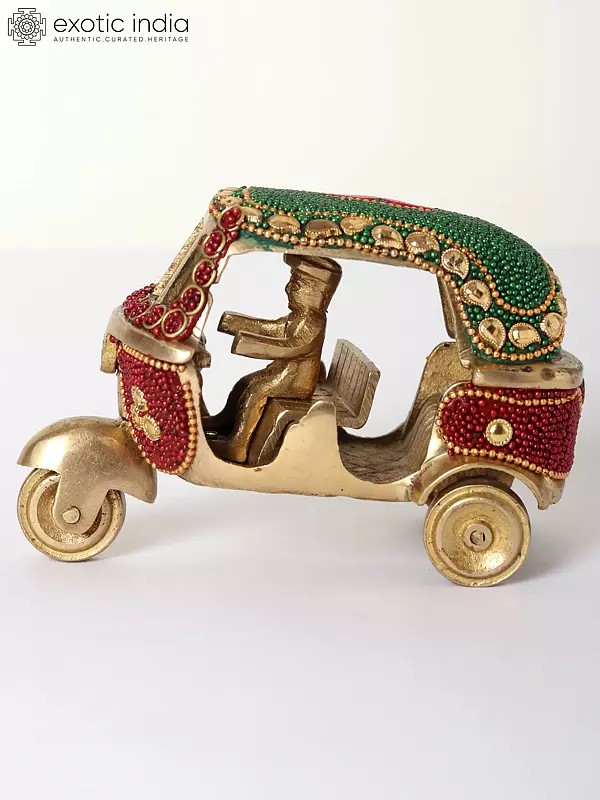 4" Small Decorative Brass Auto-Rickshaw with Inlay Work