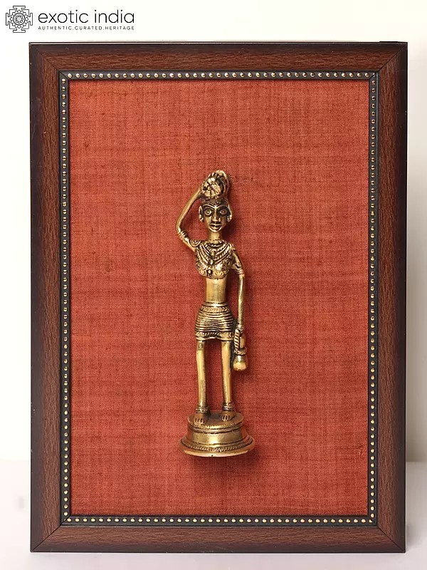 13" Wood Framed Tribal Figure in Brass | Wall Hanging