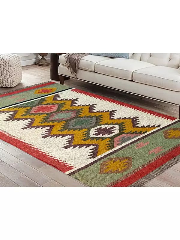 Flat-Weave Jute And Wool Mix Multicolor Dhurrie Traditional Rug