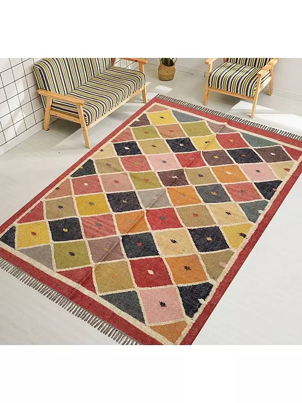 Wool And Jute Flat Weave Dhurrie Traditional Vintage Handmade Floor Carpet 