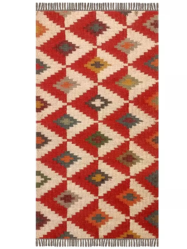 Wool And Jute Flat-Weave Red Traditional Carpet