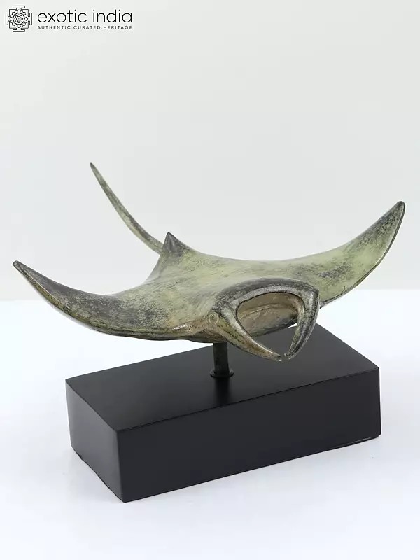 13" Brass Sculpture of Manta Ray Fish on Wooden Base