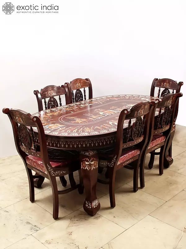 Rosewood Six-Seater Dining Table Set with Royal Procession Inlay Work