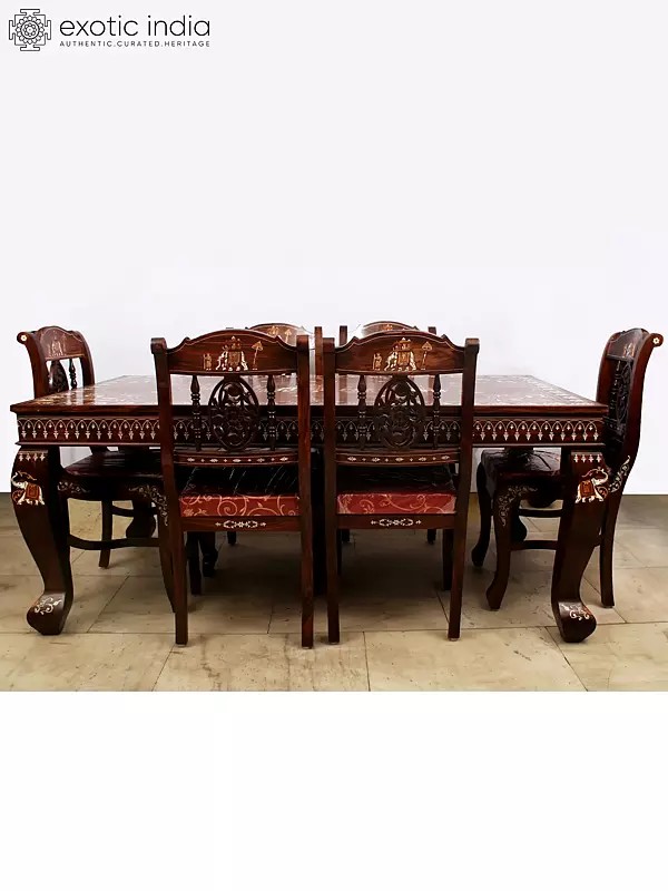 Rectangular Shape Six-Seater Shahi Dining Table Set in Rosewood with Inlay Work