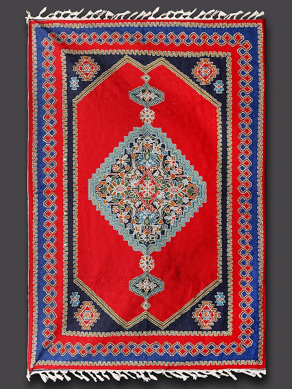 Mars-Red & Blue Chain Stitched Silk Asana Carpet from Kashmir
