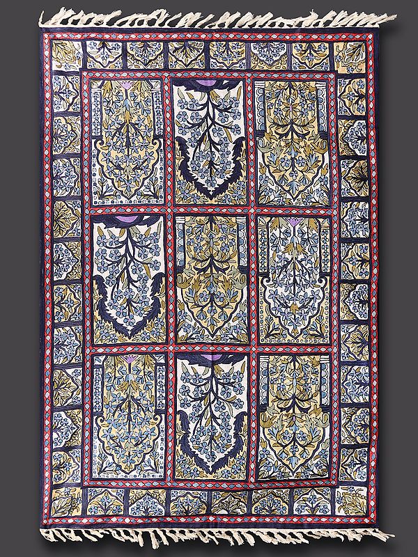 White & Blue Mughal Motifs Chainstitch Asana Carpet from Kashmir and Tassels