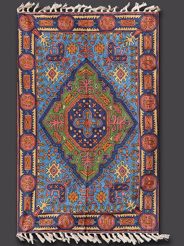 Blue-Jasper Chain Stitched Asana Carpet with Tassels and Kashmiri Traditional Motifs