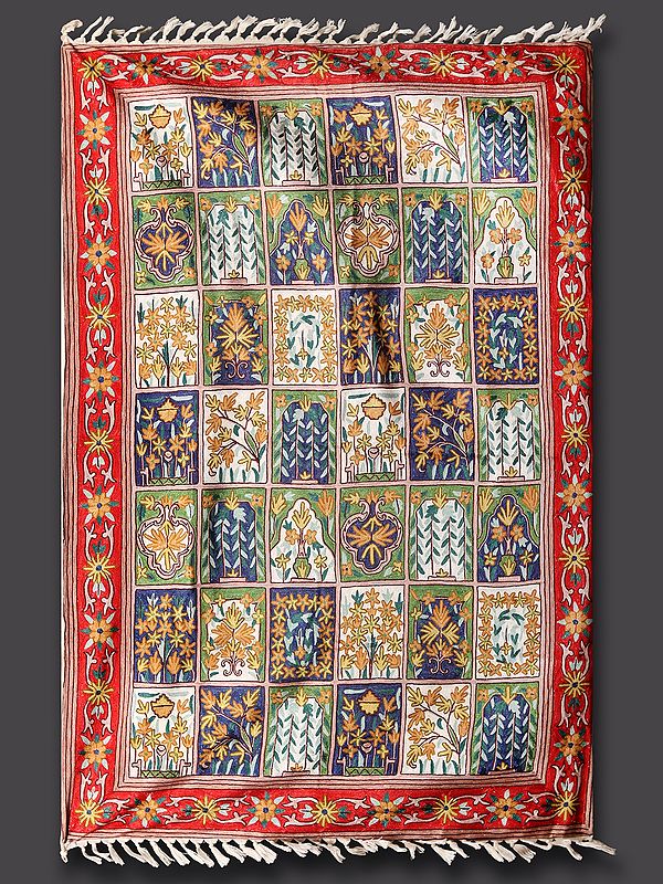 Tri-Color Floral Persian Pattern Kashmiri  Chain Stitched Carpet