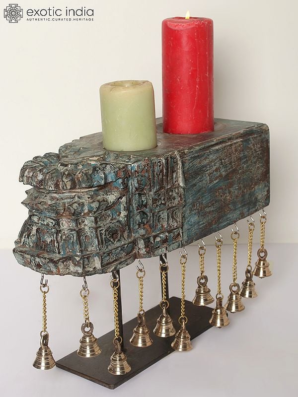 15" Designer Wooden Candle Holder on Iron Stand with Dangling Bells in Brass