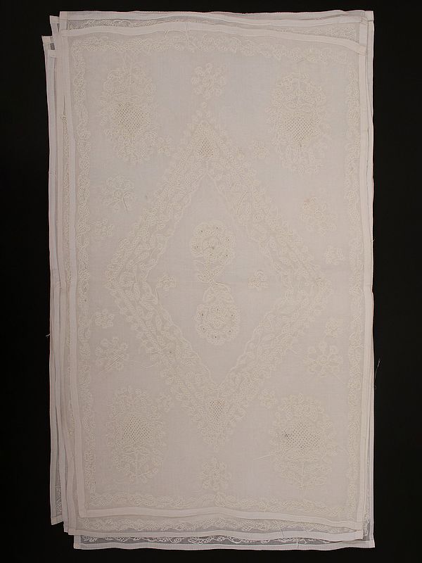 Bright-White Pure Cotton Set of Seven Table Runner and Covers with Floral Lukhnavi Chikankari Embroidery by Hand