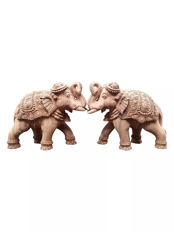 12" Wood Large Sculpture of Royal Elephants Pair