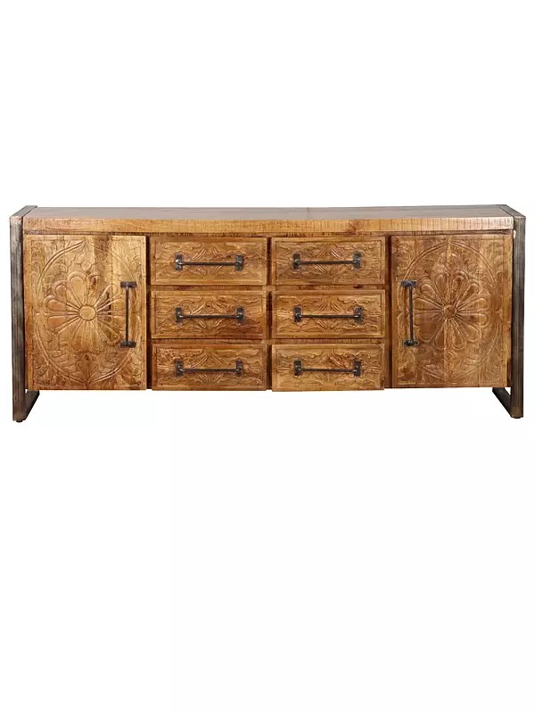78" Large Mango Wood Sideboard and Cabinet with Carving