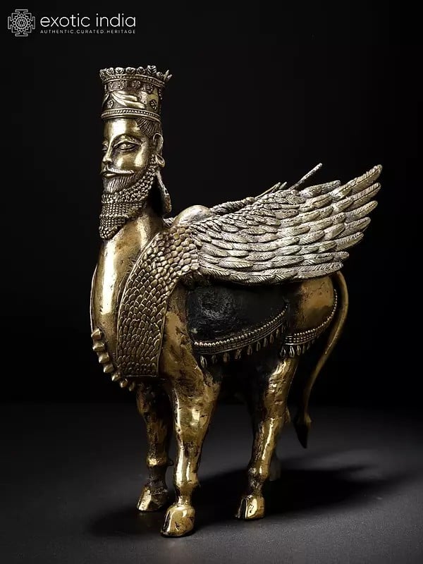 10" Assyrian Lamassu Brass and Stone Statue | Human Headed Winged Bull