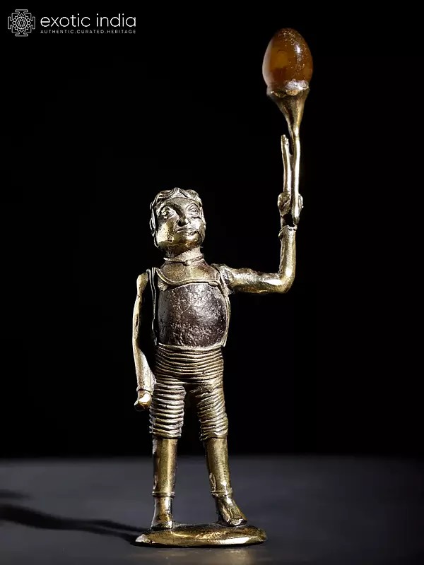 7" A Child with Balloon | Brass and Stone Sculpture crafted in Dhokra Style