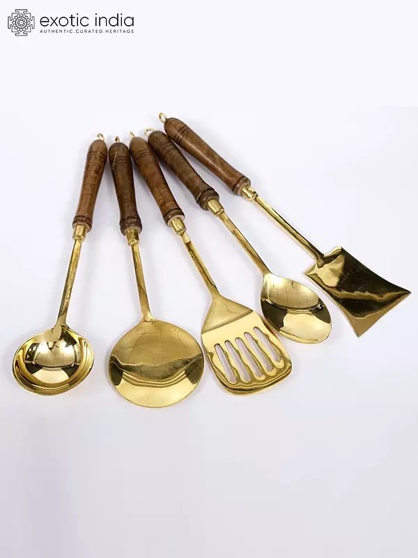 14" Brass Coocking Utensils Set with Wooden Handle | Set of Five