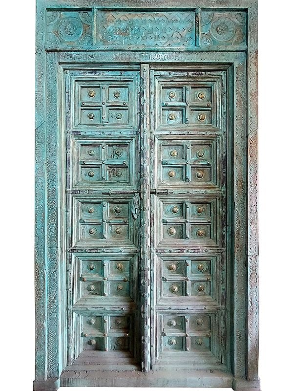 91" Large Indian Wood Door With Iron Details | Door From Rajasthan