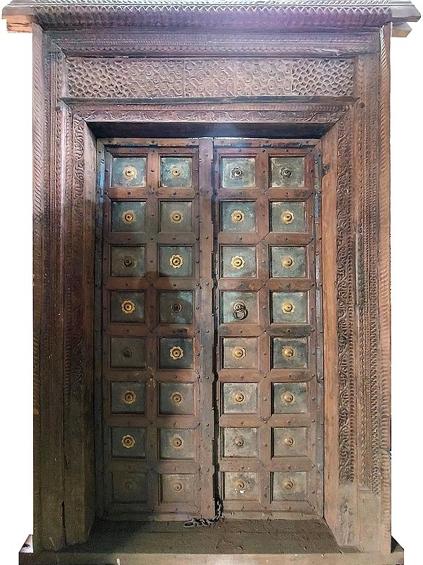108" Large Indian Wood Door With Attractive Carved Design