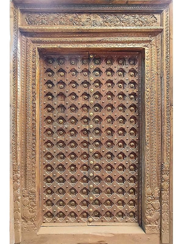 96" Large Kalash Design Wood Metal Studded Door