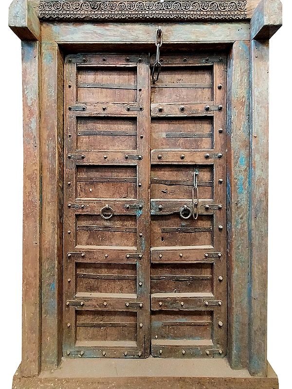 85" Large Indian Wood Door With Door Knocker