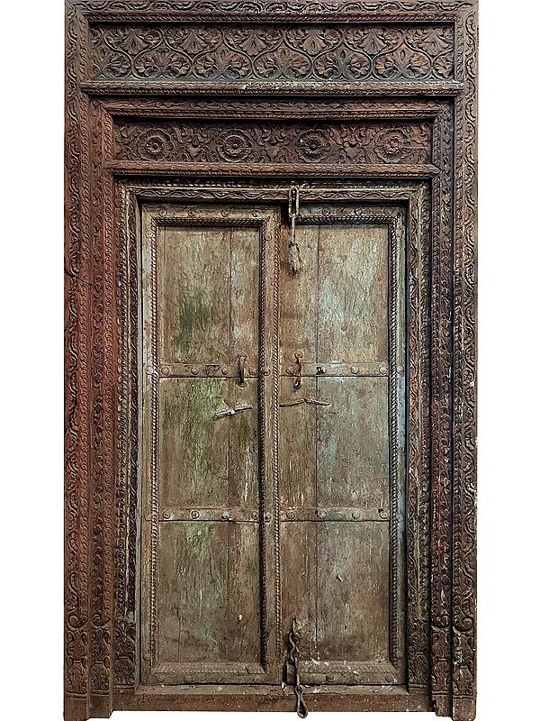 97" Large Floral Carved Door For Home | Wood Door