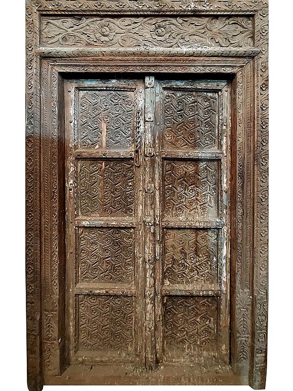 90" Large Attractive Floral Design Wood Door | Indian Door