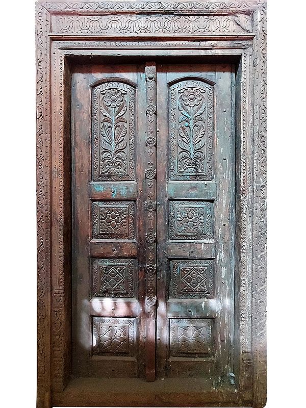 93" Large Traditional Style Floral Indian Wood Door