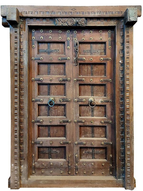 80" Large Iron Detail Rajasthani Wood Door For Home