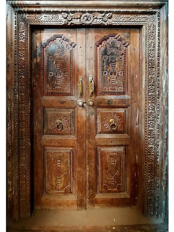 77" Large Peacock Craved Wood Door | Indian Door