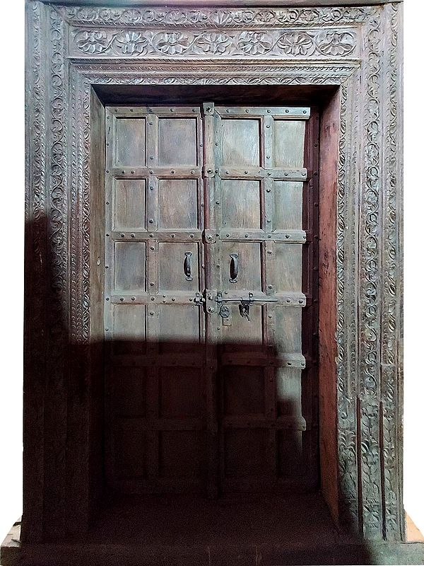 96" Large Wood Front Door With Frame | Wood Carving