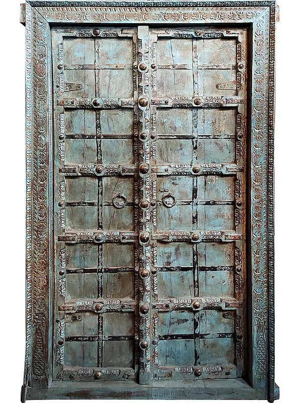 73" Large Village Wood Traditional Old Door With Iron Plating