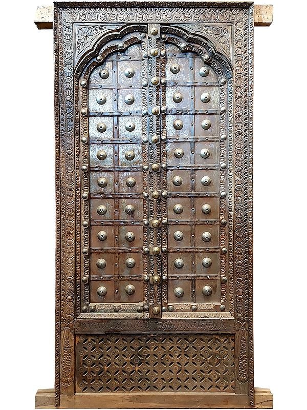 68" Large Outdoor Jharokha Style Retro Look Wood Window Panel With Iron Plating | Antique Window