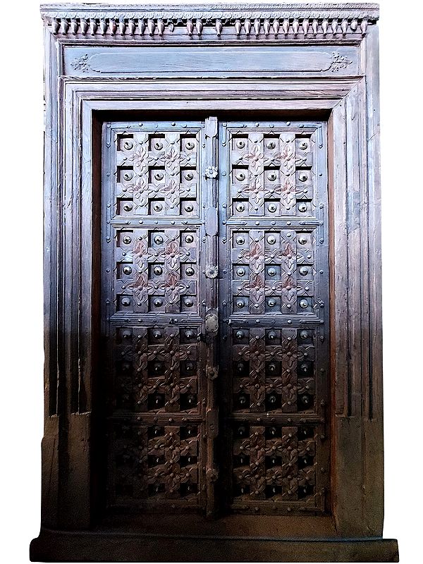 98" Large Indian Village wood Door With Flower Pattern