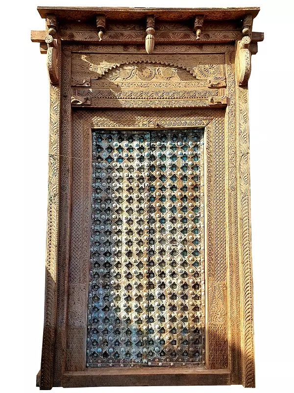 118" Large Entrance Rajasthani Traditional Wood Door With Designer Border