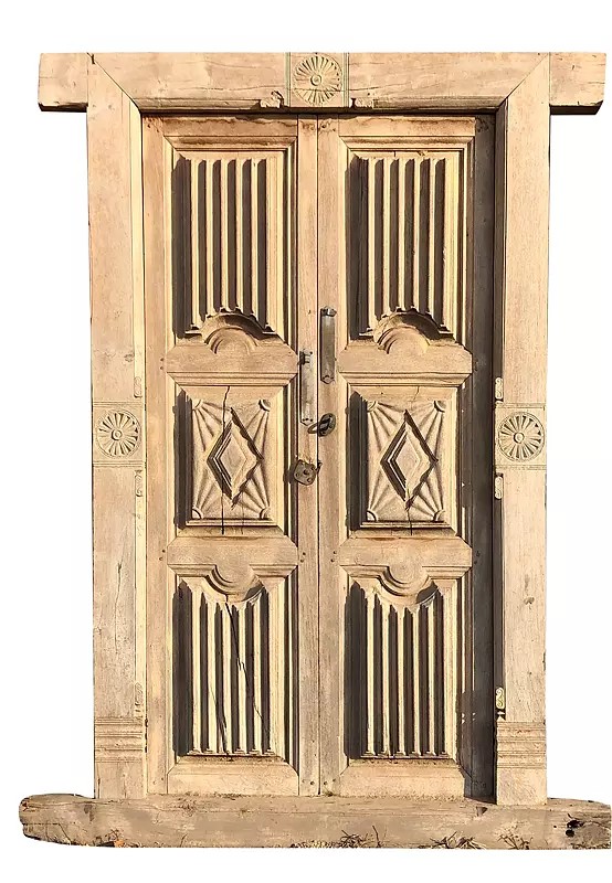 82" Large Old Traditional Wood Door And Ashoka Chakra In Frame