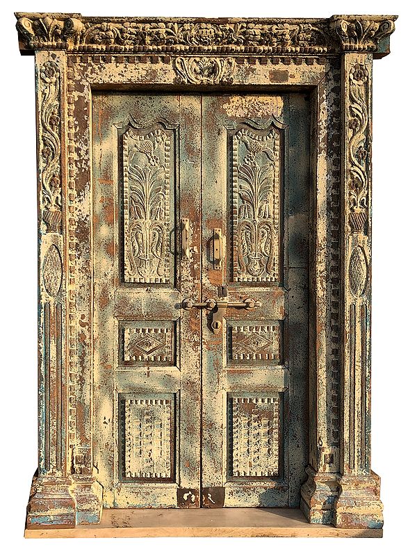 85" Large Traditional Old Designer Wood Door With Frame