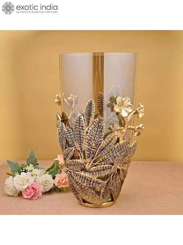 14" Vine Flower Vase For Decor | Aluminum And Glass