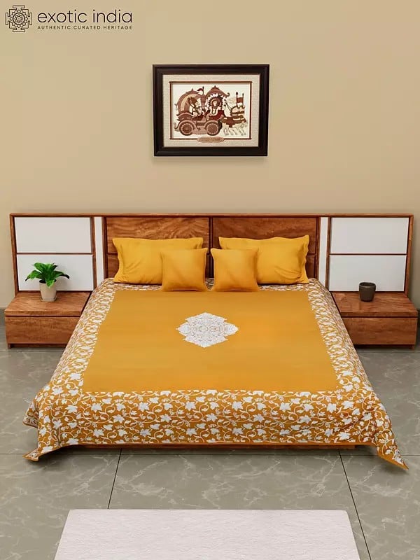 Five Piece Pure Cotton Aari Embroidered Queen Size Bedspread with Pillow Cases and Cushion Covers