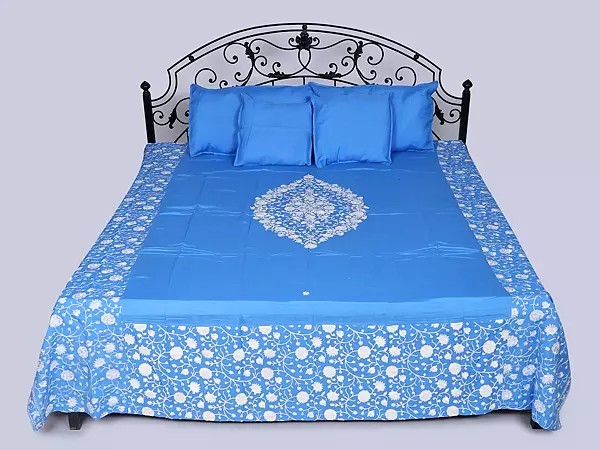 Queen Size Pure Cotton Aari Embroidered Bedspread with Pillow Cases and Cushion Covers