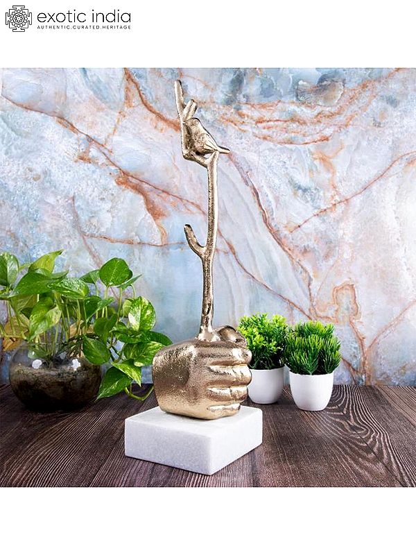 16" Tree Branch In Hand With Beautfiful Bird | Aluminum Table Decor