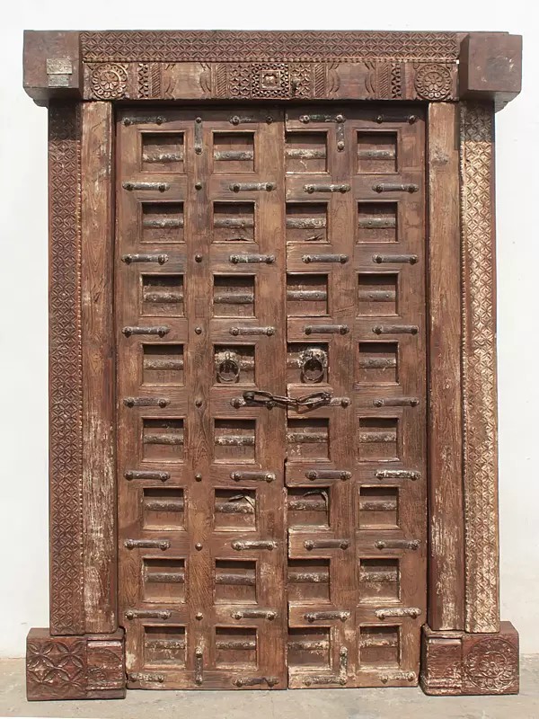 85" Large Rajasthani Traditional Wood Door With Carving Frame And Iron Strip Panel