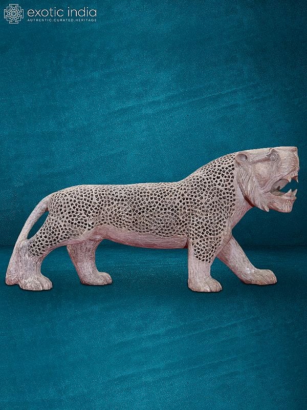 21" Hand-Carved Jali Pattern Lion | Stone Sculpture