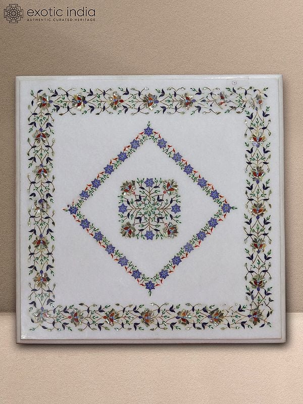 24" Square Shape Flower Design Marble Inlay Table Top For Home Décor | White Makrana Marble