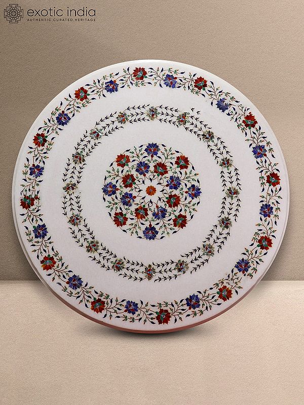 30" Floral Design Round Marble Table Top | White Makrana Marble