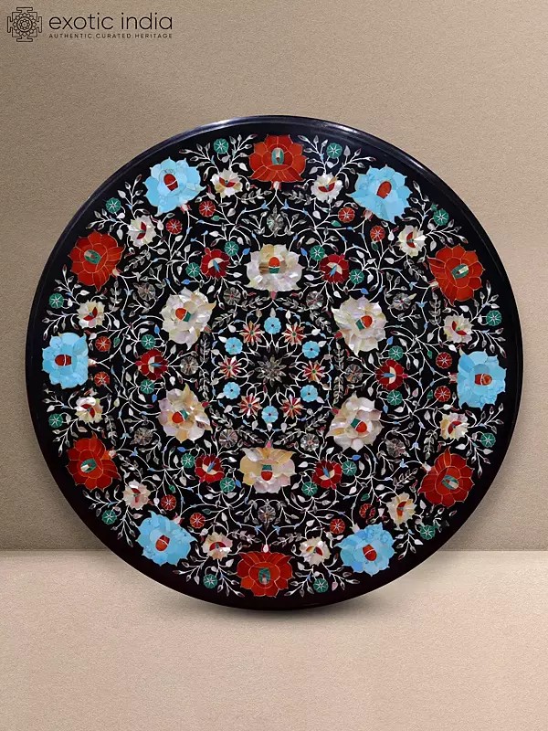 29" Marble Inlay Table Top With Precious Multi Stone Handicraft Work | Kadppa Black Marble
