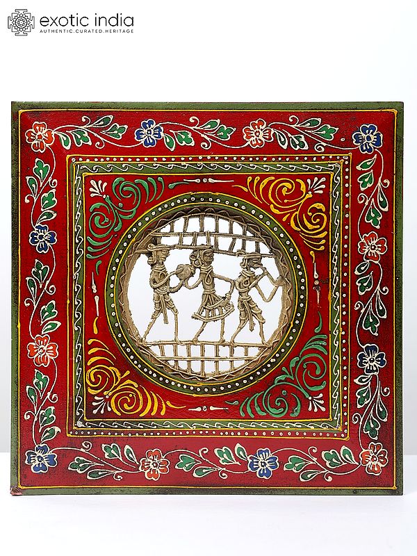 11" Square Shaped Warli Art Frame | Wall Hanging | Wood and Brass