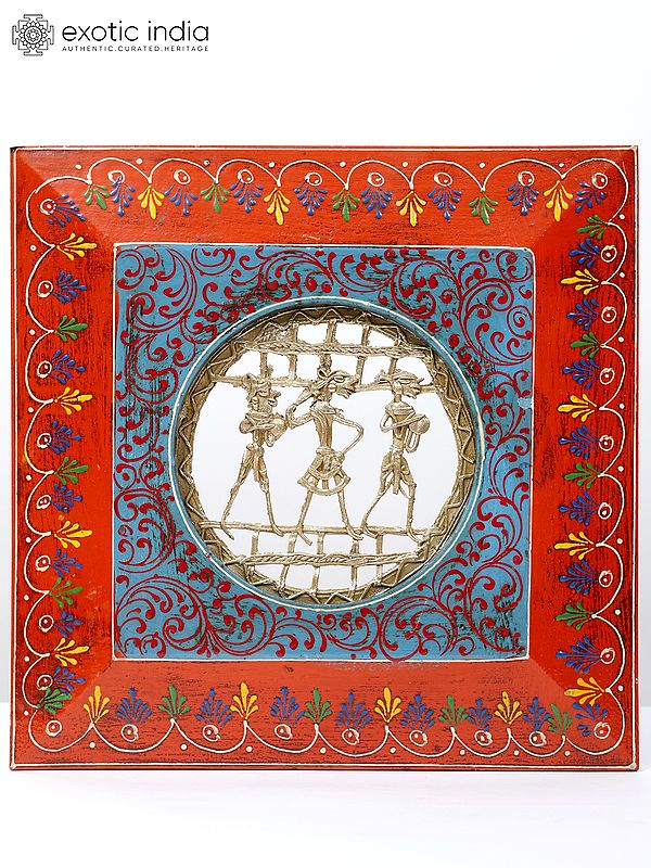 11" Square Shaped Warli Art Frame | Wall Hanging | Wood and Brass