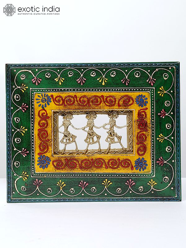 10" Wood Framed Warli Art in Brass | Wall Hanging
