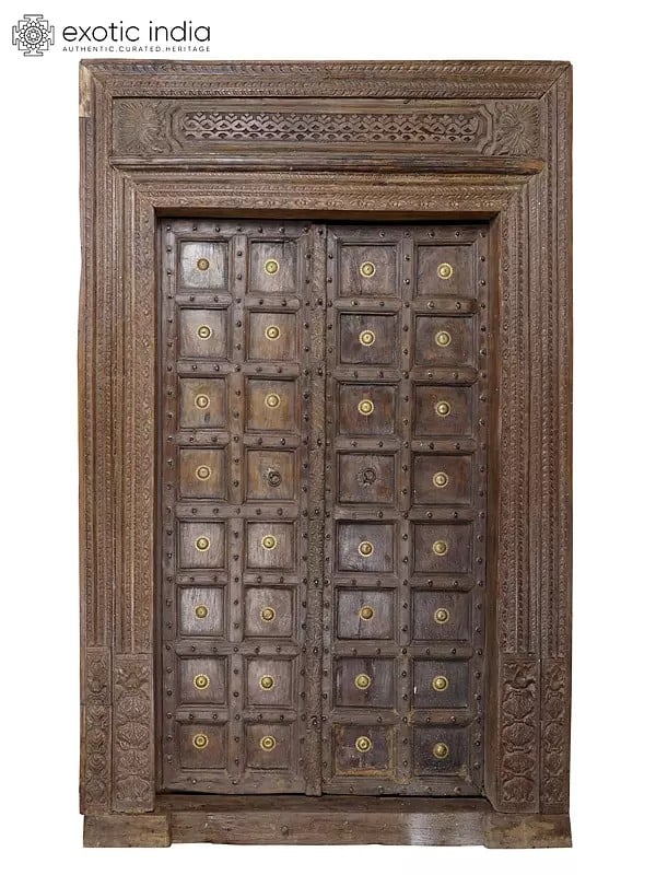 102" Large Square Design Vintage Indian Door with Brass Work